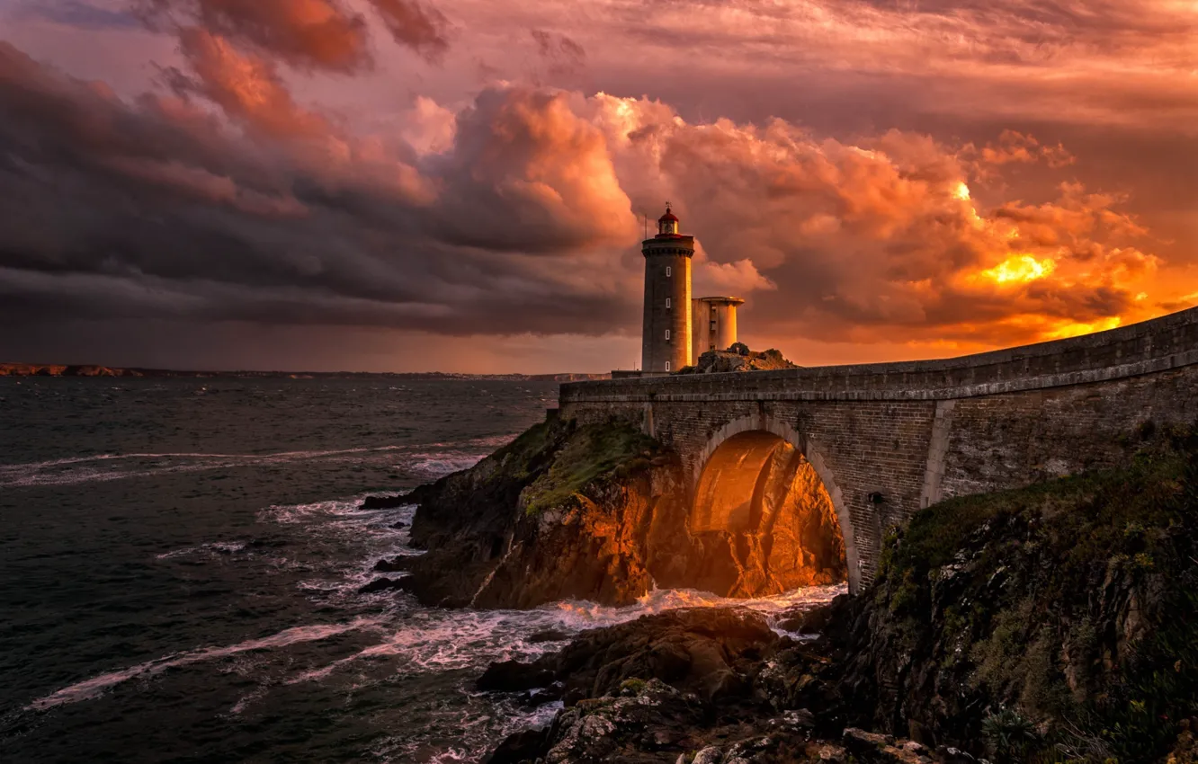 Photo wallpaper sea, landscape, bridge, lighthouse, the breakwater