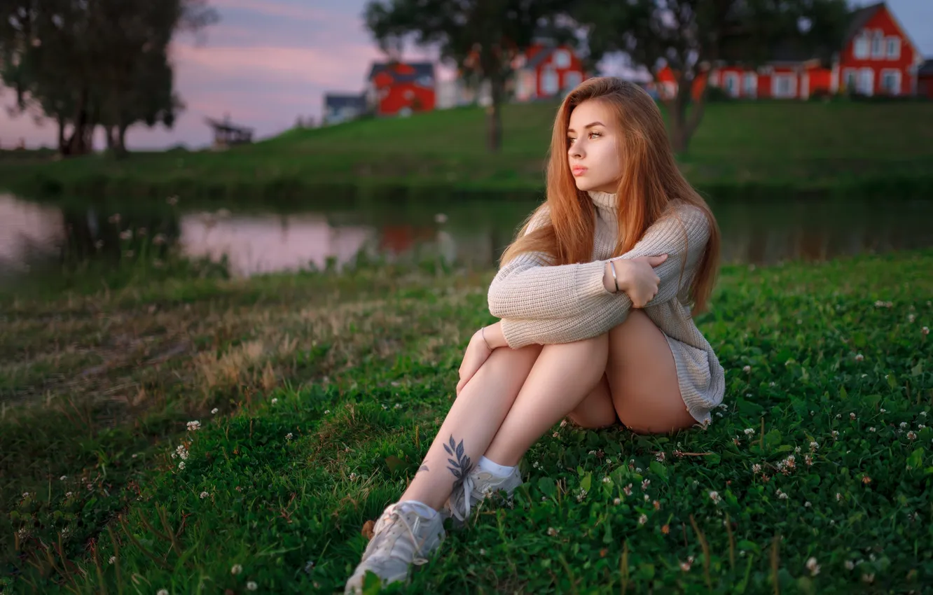 Photo wallpaper LOOK, GRASS, GREENS, MOOD, POSE, POND, Model Tatiana