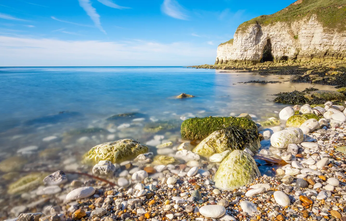 Photo wallpaper sea, beach, summer, clouds, pebbles, blue, stones, rocks