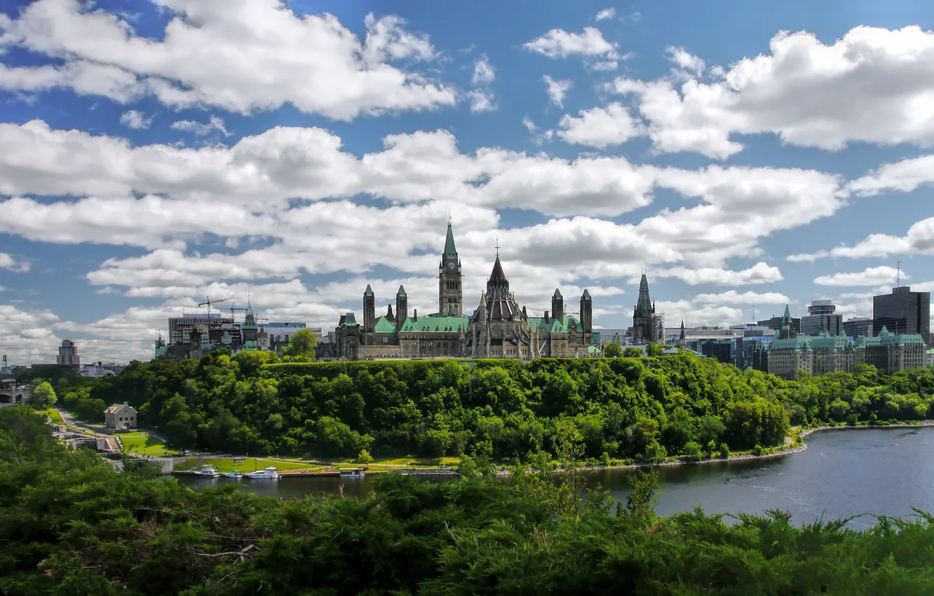 Photo wallpaper the sky, clouds, trees, the city, river, tower