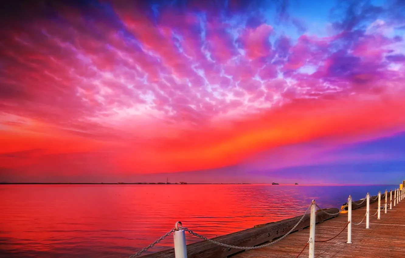Photo wallpaper sea, the sky, clouds, sunset, chain, pierce