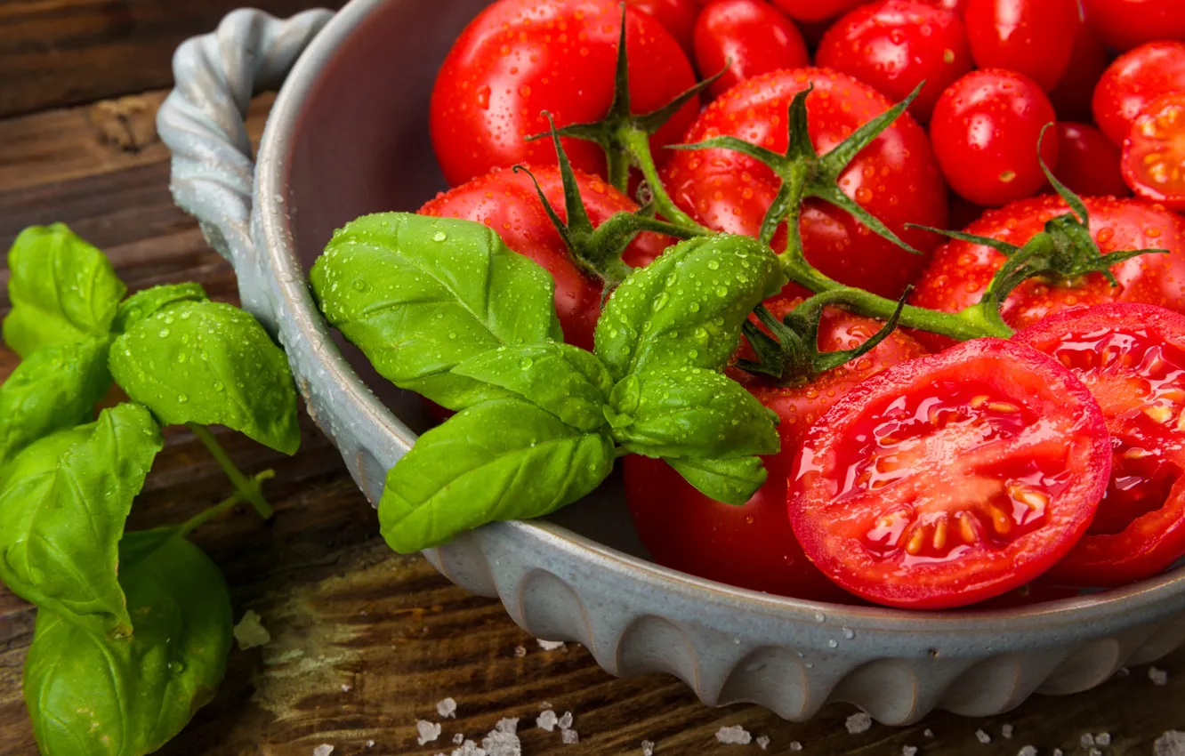 Photo wallpaper greens, leaves, drops, red, Board, bowl, vegetables, tomatoes