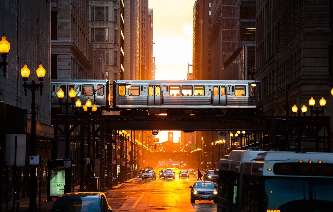 Photo wallpaper light, the city, metro, street, the evening, cars, Chicago, USA