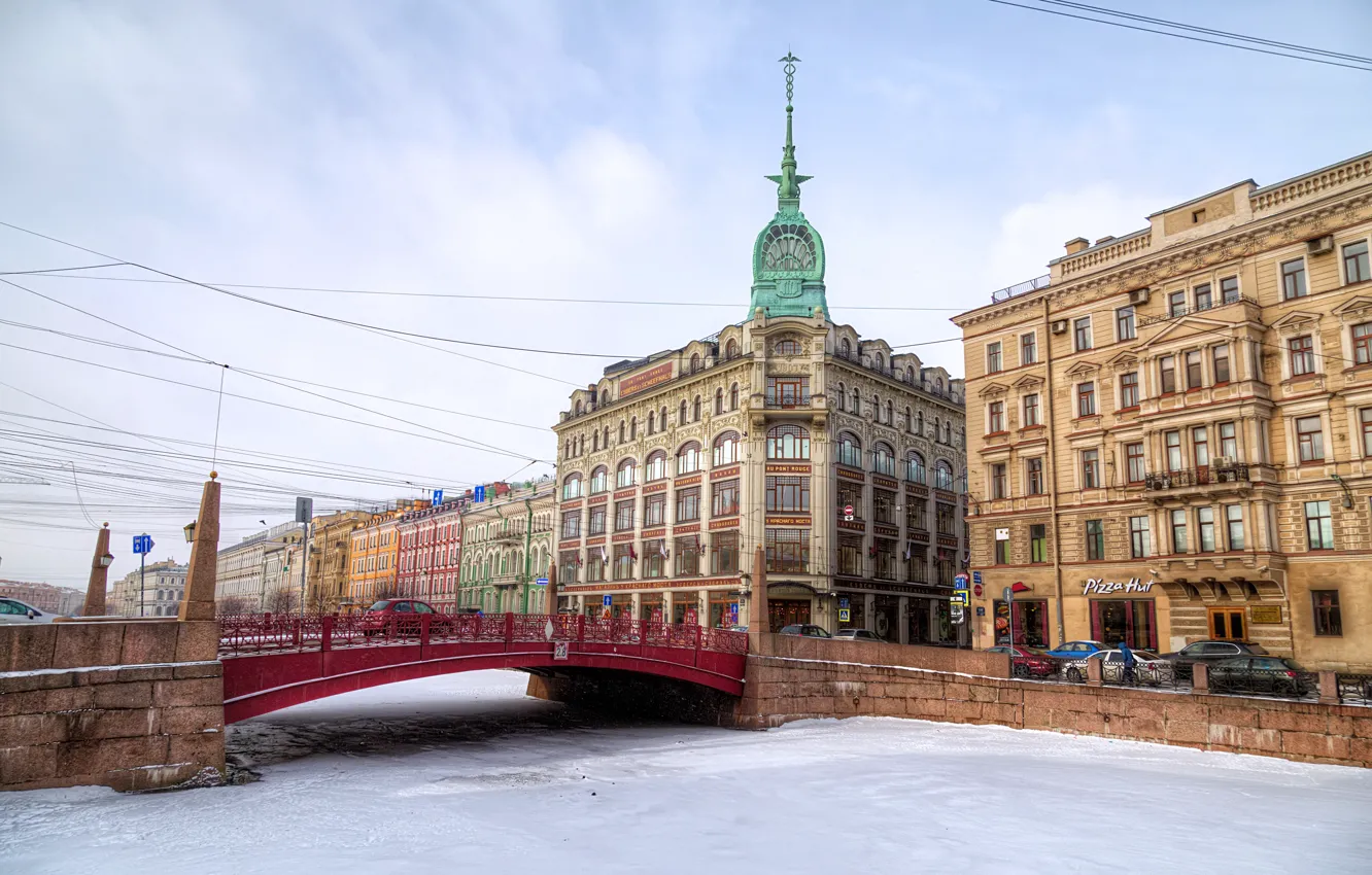 Photo wallpaper ice, winter, the sky, bridge, river, HDR, home, Saint Petersburg