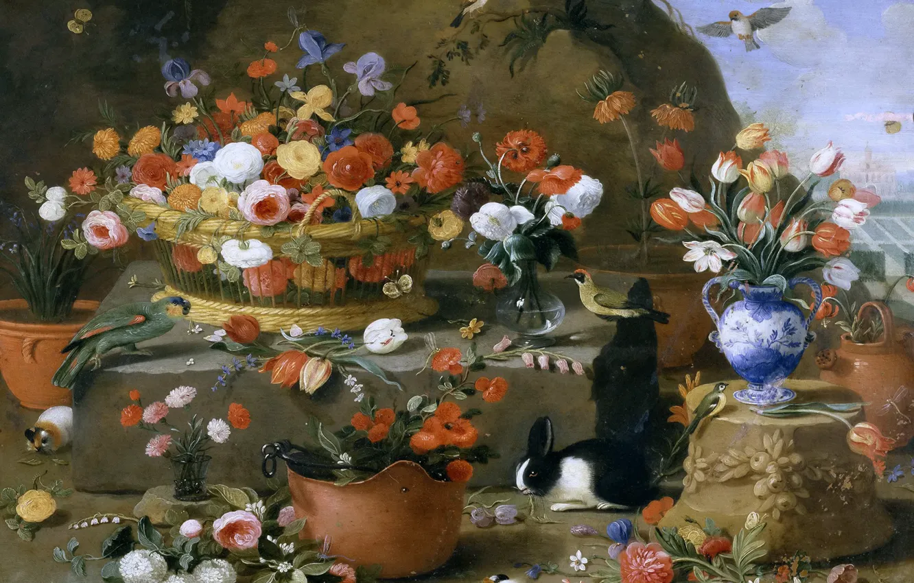 Photo wallpaper animals, birds, basket, picture, vase, Still life with Flowers, Jan van Kessel the Elder