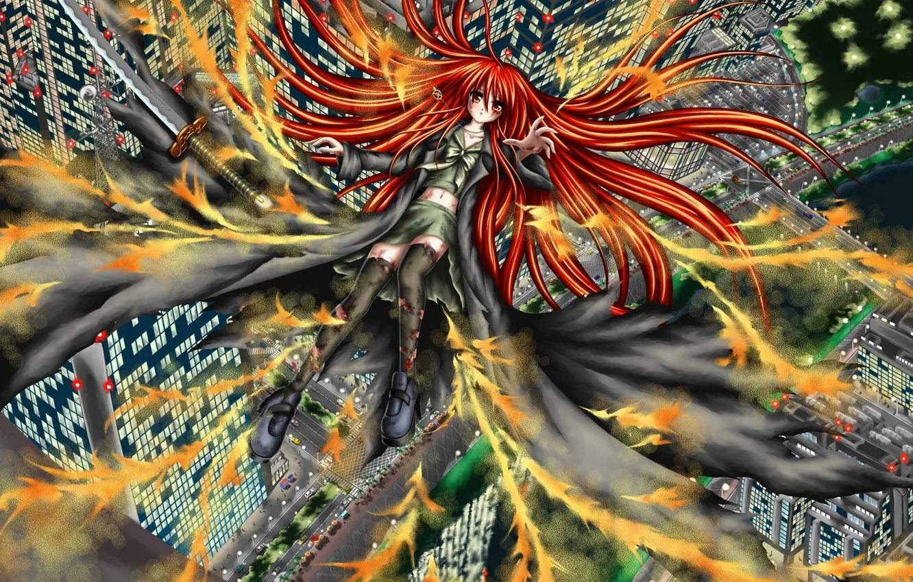 Photo wallpaper girl, the city, lights, weapons, home, katana, anime, drop