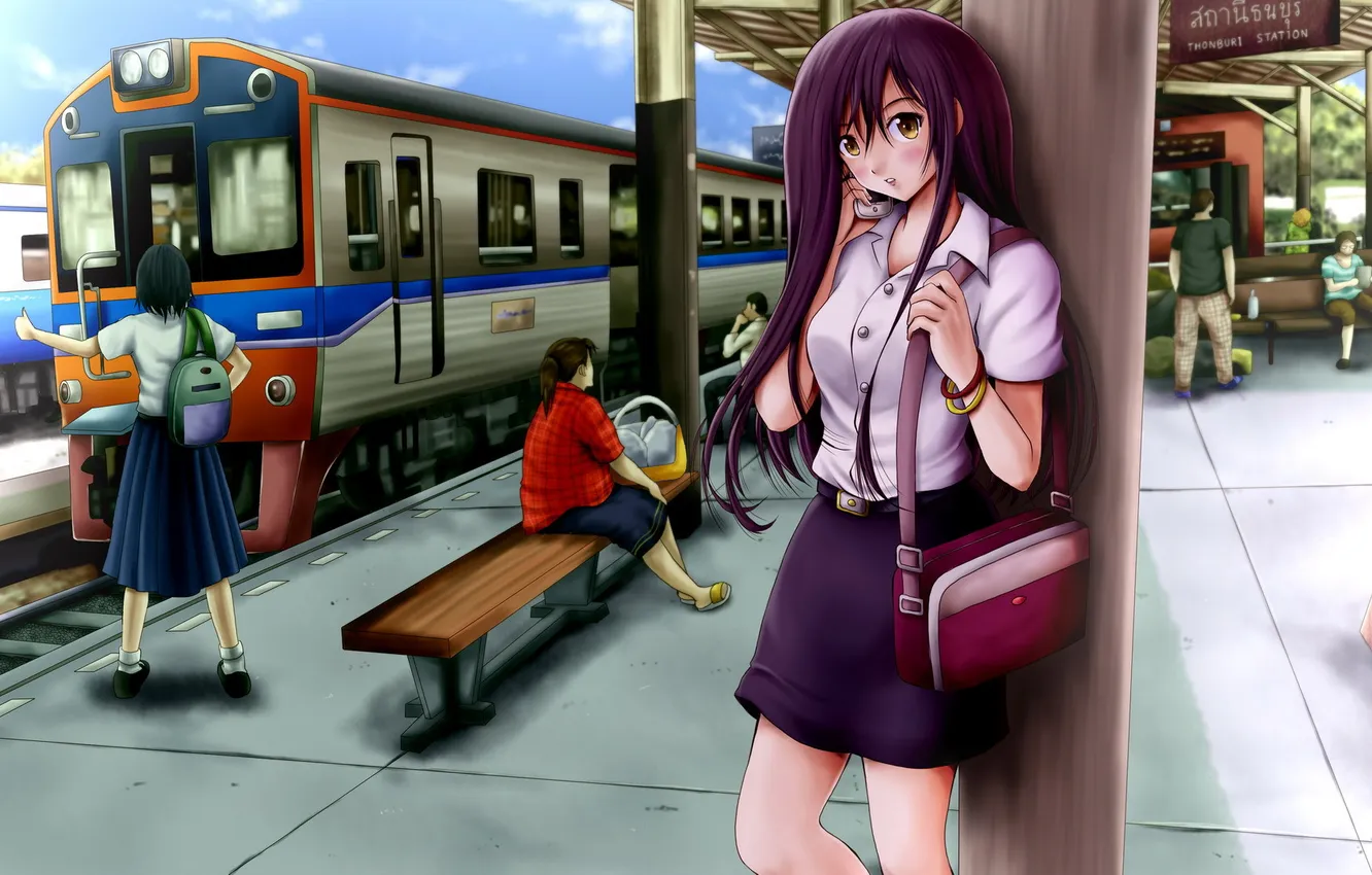 Photo wallpaper look, girl, surprise, train, the platform, phone, bag, art