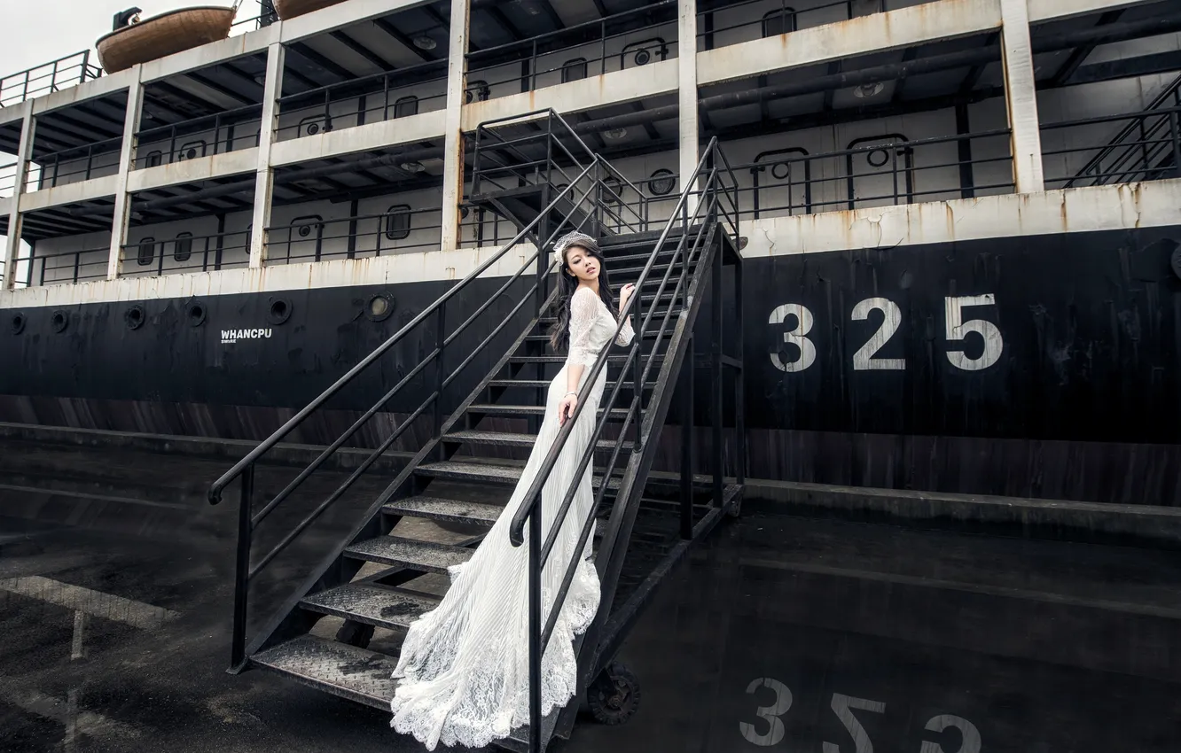 Photo wallpaper girl, ship, white dress