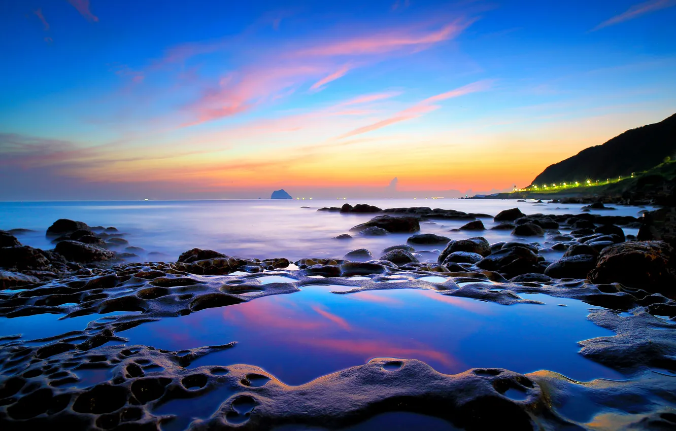 Photo wallpaper sea, the sky, mountains, lights, rocks, the evening, tide
