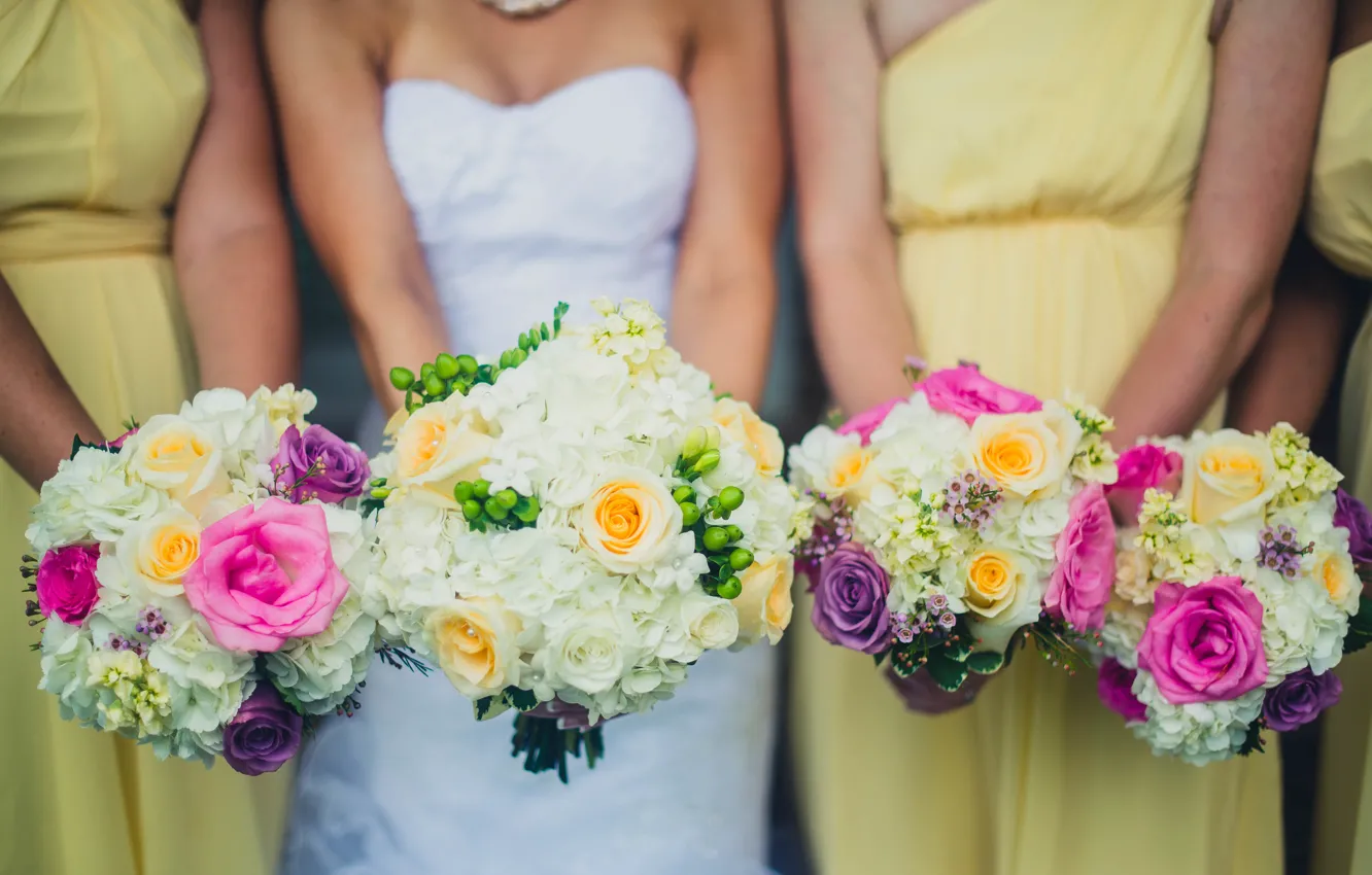 Photo wallpaper flowers, dress, the bride, wedding, bouquets, girlfriend