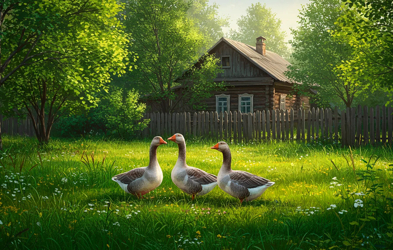 Photo wallpaper the sky, grass, trees, landscape, figure, the fence, home, spring