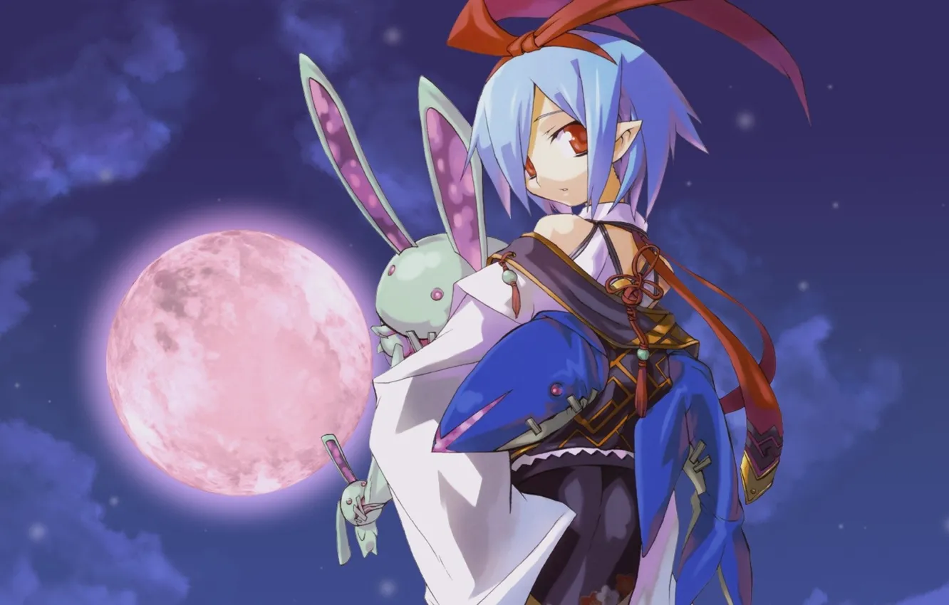 Photo wallpaper night, shark, rabbit, game, red eyes, blood Moon, Disgaea, Pleinair
