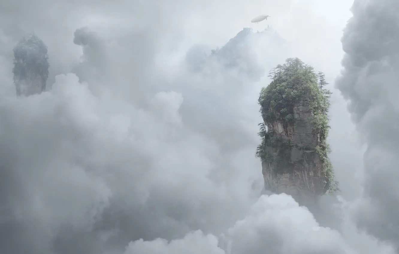 Photo wallpaper the sky, clouds, mountains, rendering, fiction, height, the airship, flying island