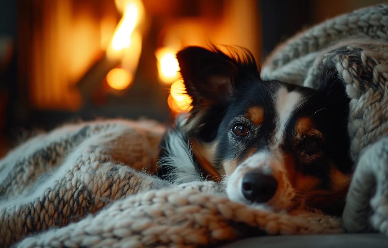 Photo wallpaper look, lights, comfort, heat, flame, dog, lies, fireplace