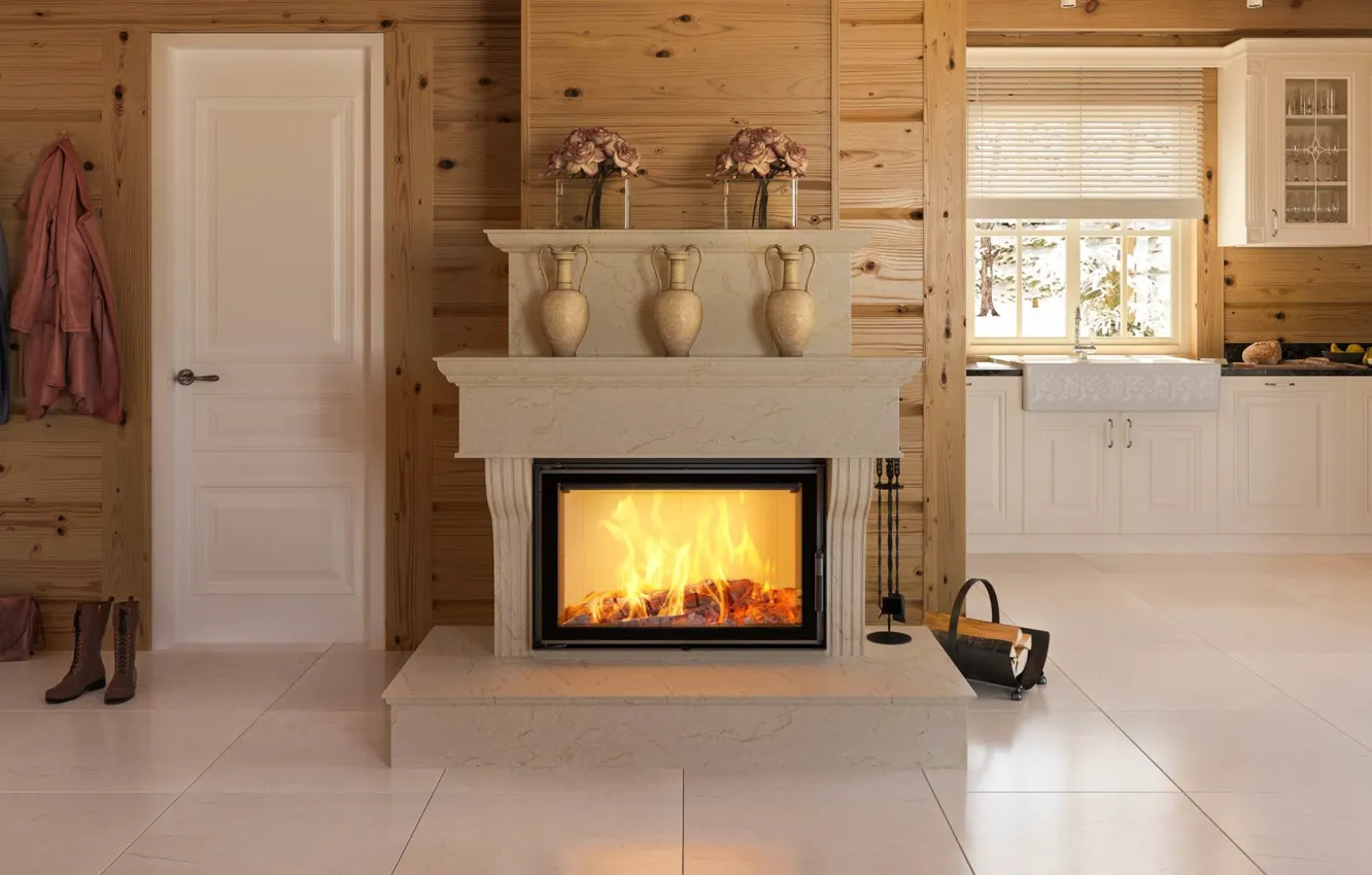 Photo wallpaper design, style, interior, kitchen, fireplace, entrance hall