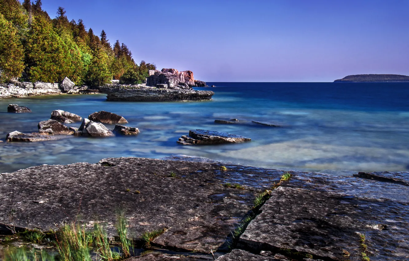 Photo wallpaper the sky, trees, stones, shore, horizon, Canada, Ontario, Tobermory