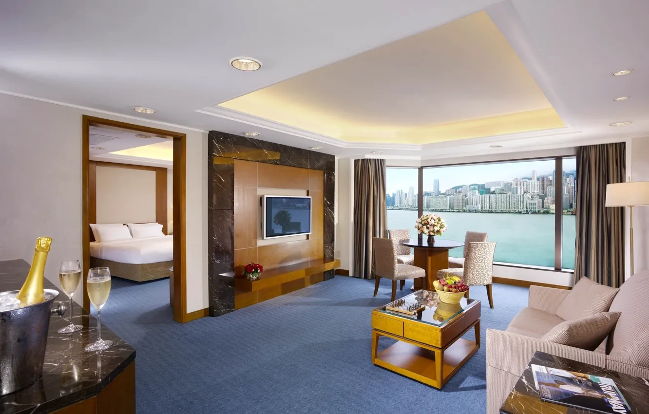 Photo wallpaper the city, room, sofa, TV, window, table, bedroom, bed.