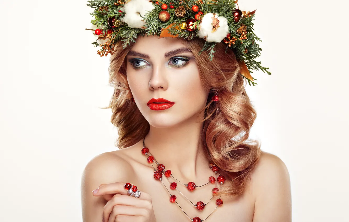 Photo wallpaper decoration, portrait, makeup, hairstyle, white background, brown hair, beauty, wreath