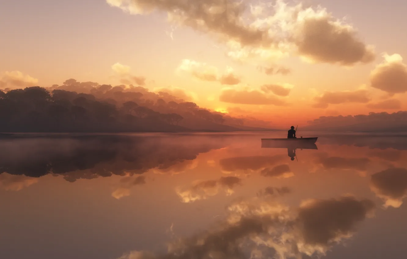 Photo wallpaper fog, lake, boat, fisherman