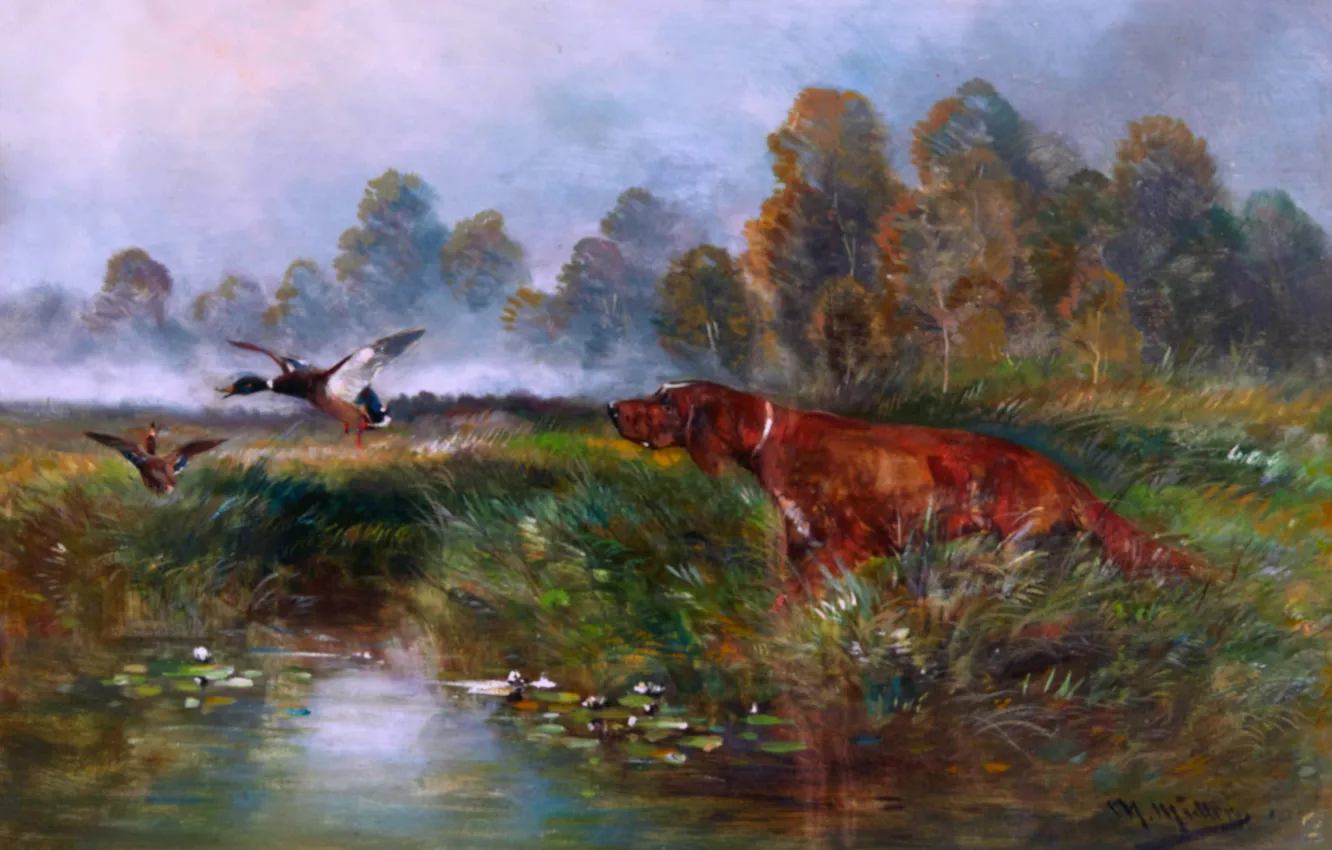 Photo wallpaper trees, river, duck, dog, picture, hunting, Duck hunting, German animal painter