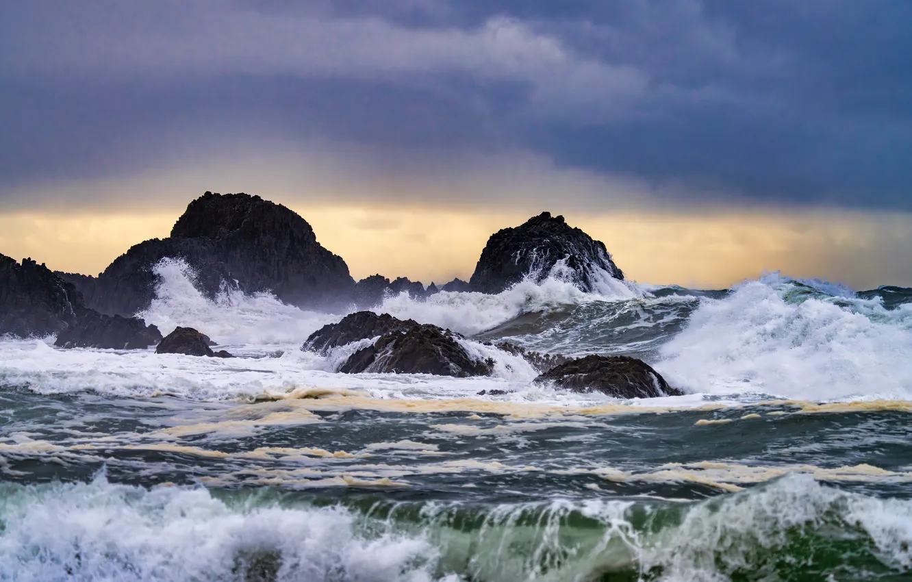 Photo wallpaper wave, foam, the ocean, rocks, morning