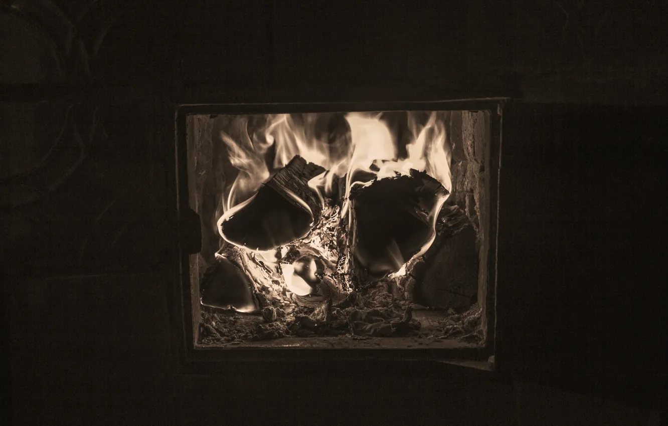 Photo wallpaper fire, wood, black - and-white., Oven