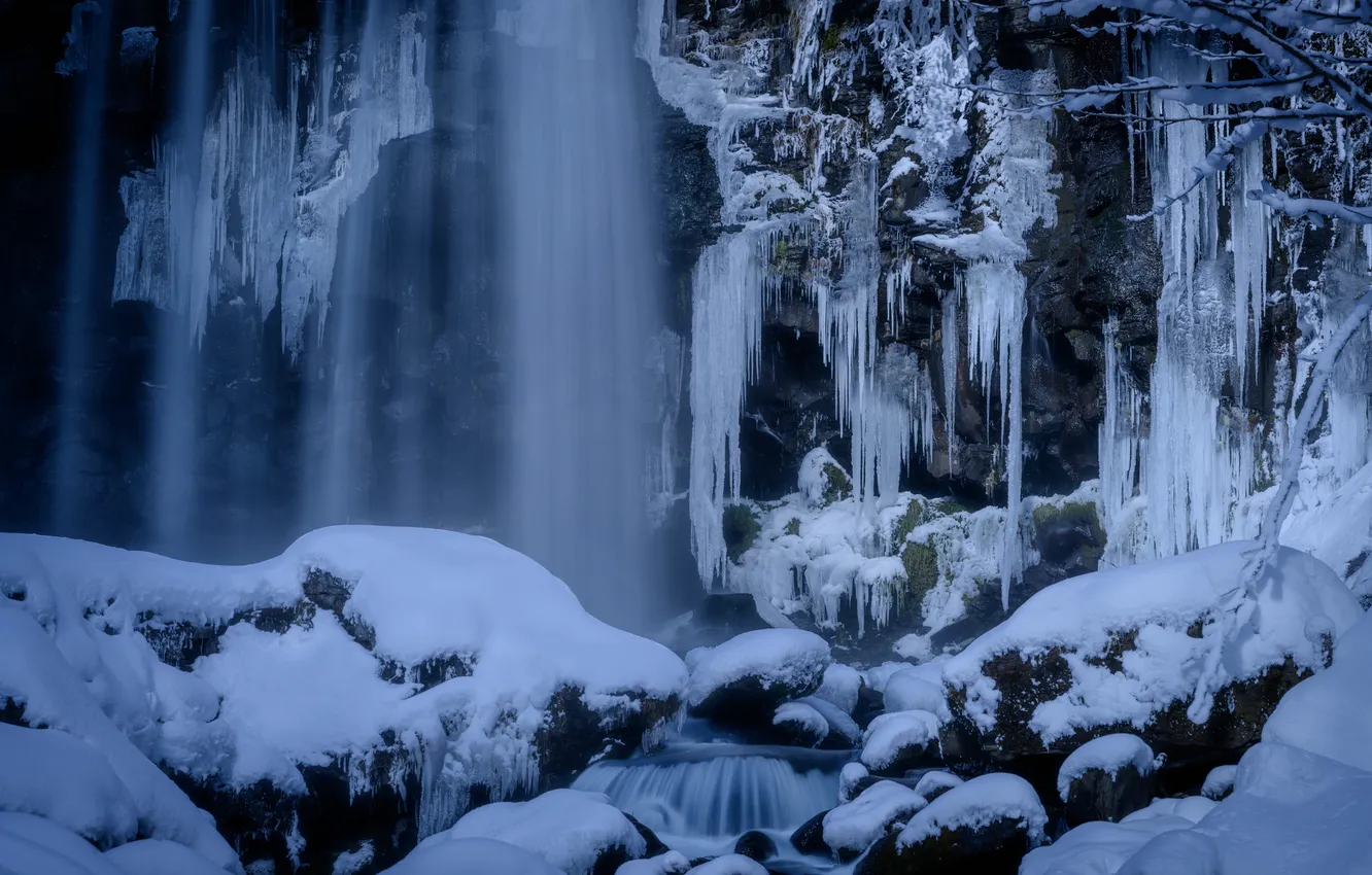 Photo wallpaper winter, snow, nature, stones, rocks, waterfall, icicles, frozen