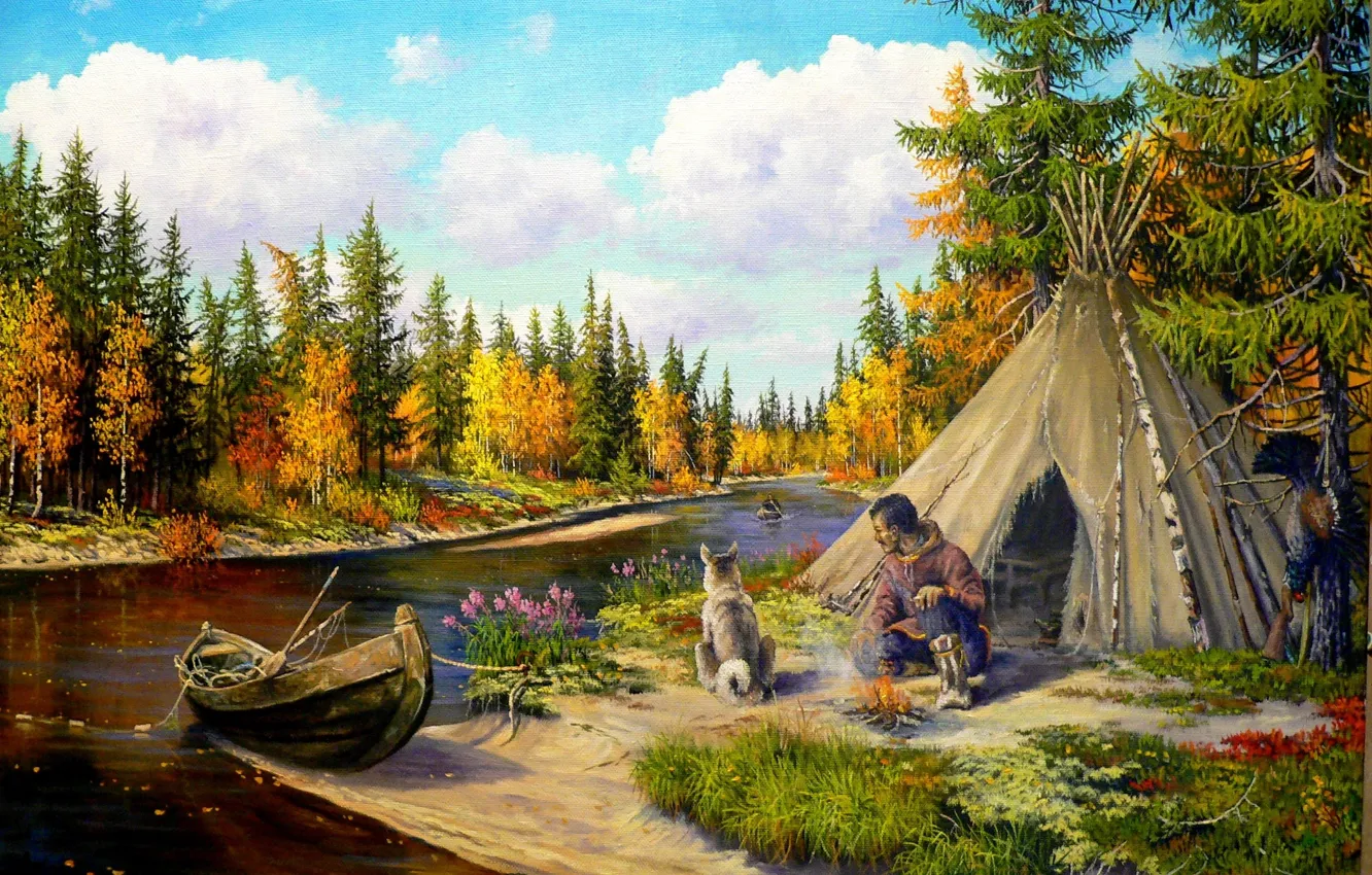 Photo wallpaper nature, river, boat, dog, art, taiga, hunter, Andrey Lyakh