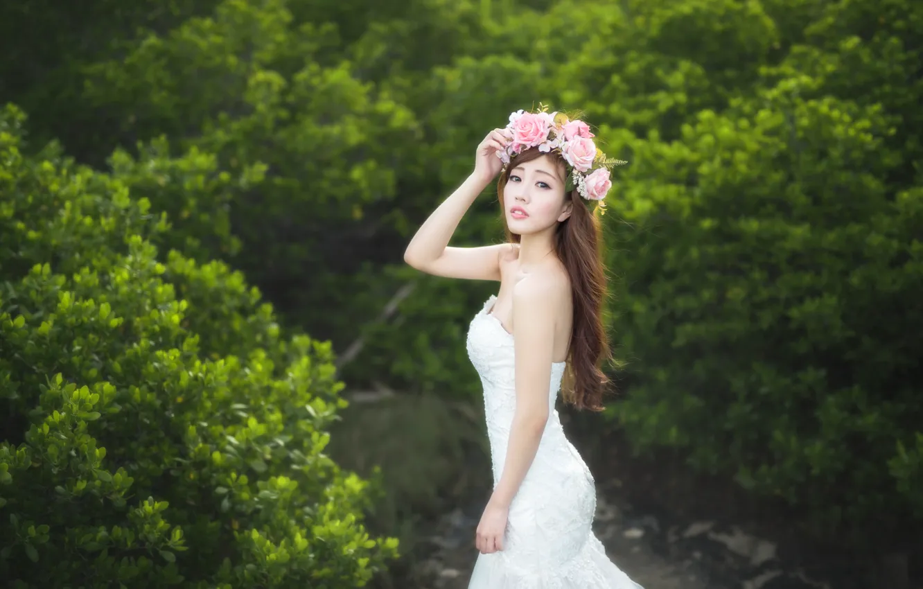 Photo wallpaper look, flowers, background, roses, dress, Asian