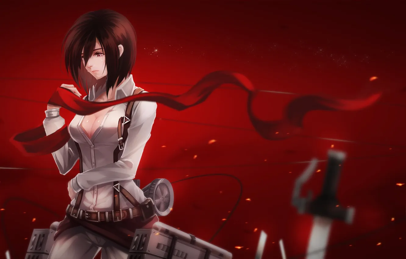 Photo wallpaper girl, weapons, scarf, tears, art, red background, Shingeki no Kyojin, Mikasa Ackerman