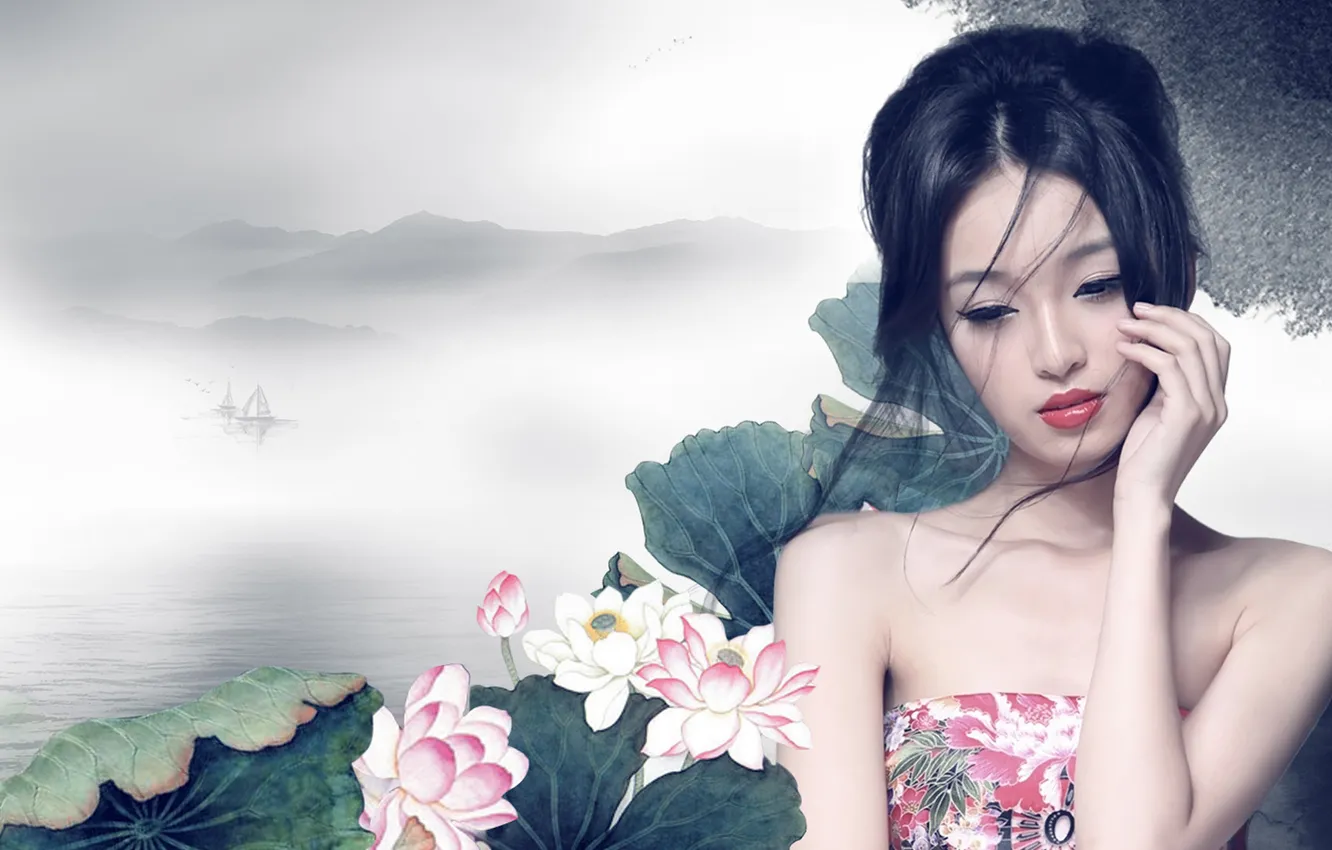 Photo wallpaper girl, Lotus, Asian