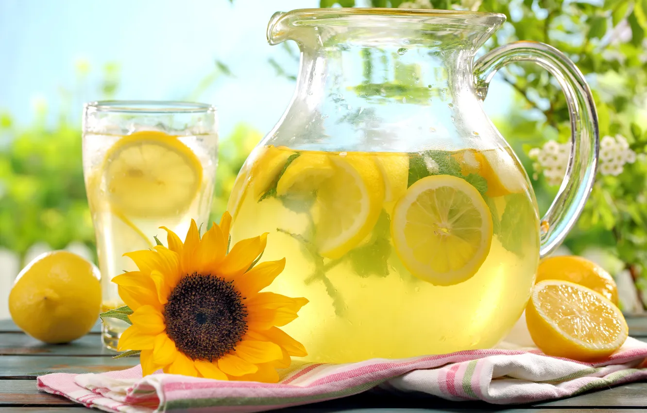 Photo wallpaper summer, sunflowers, lemon, drink, fresh, lemonade, lemons, lemonade