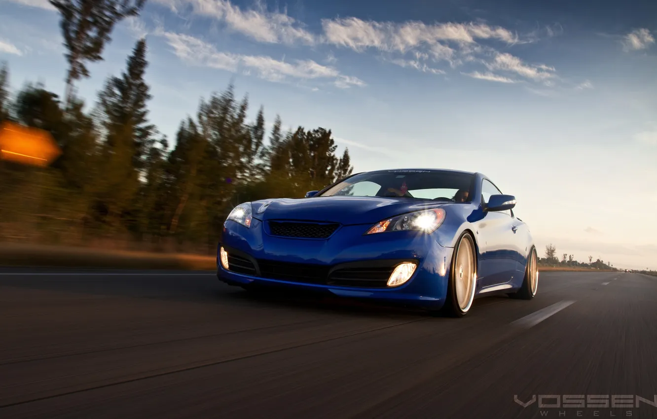 Photo wallpaper the sky, asphalt, trees, blue, Hyundai, blue, Hyundai, Genesis