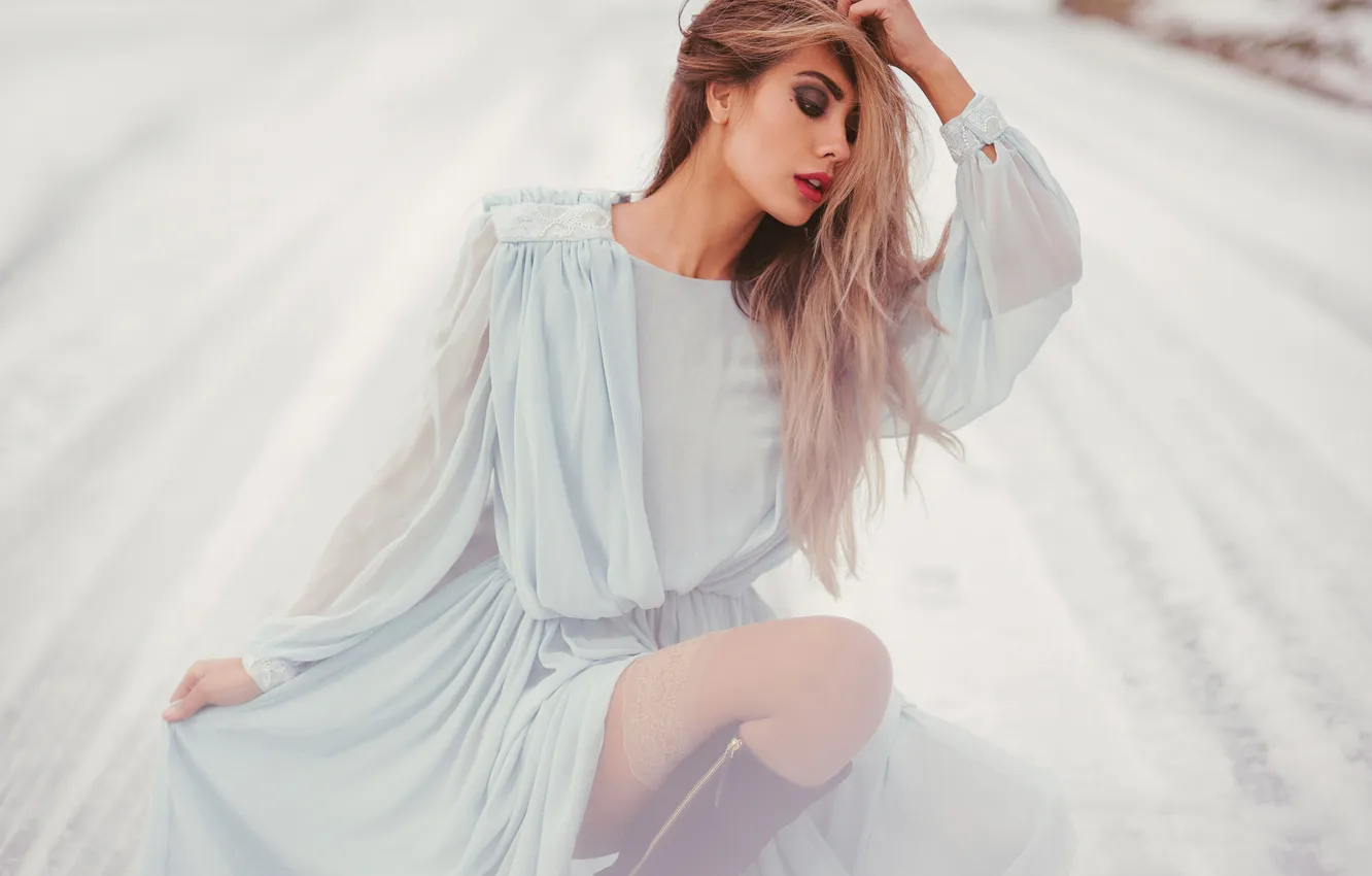 Photo wallpaper girl, stockings, dress, Lizzie Hornshuh