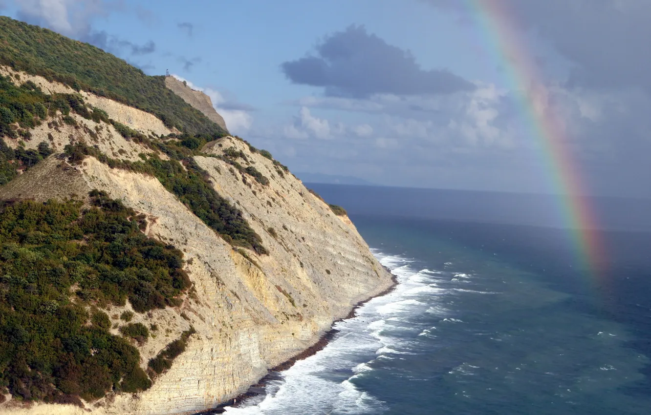 Photo wallpaper sea, rocks, rainbow