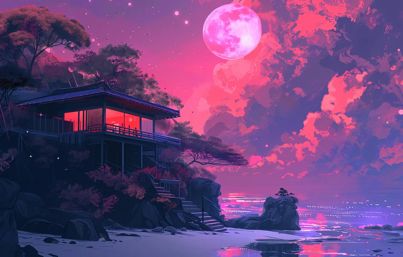 Photo wallpaper clouds, night, the moon, home, moon, house, night, clouds