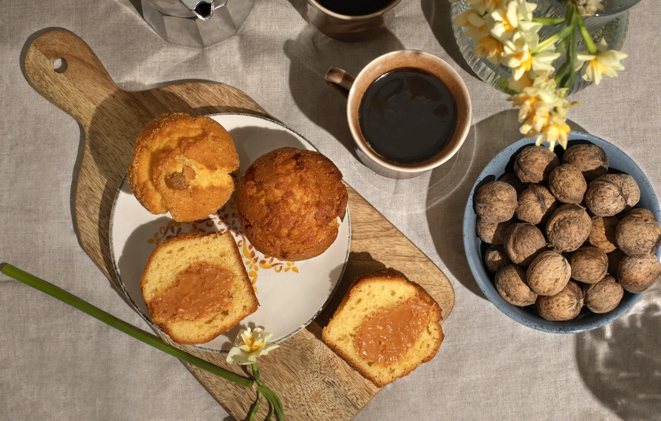 Photo wallpaper flowers, mug, cakes, saucer, walnut, Breakfast, bowl, cutting Board