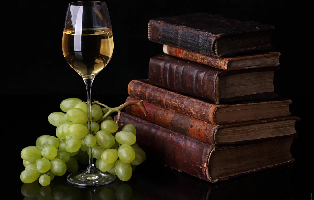 Photo wallpaper wine, glass, books, food, grapes, food for thought