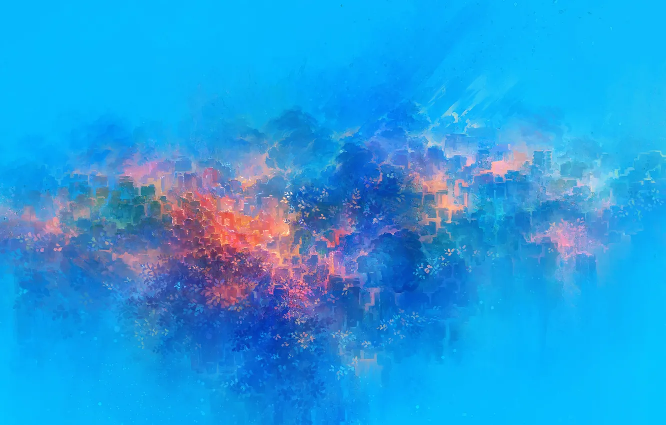 Photo wallpaper clouds, trees, the city