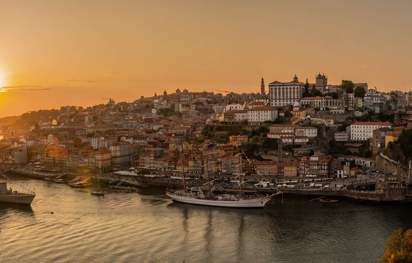 Photo wallpaper the city, building, port, panorama, Portugal, pond