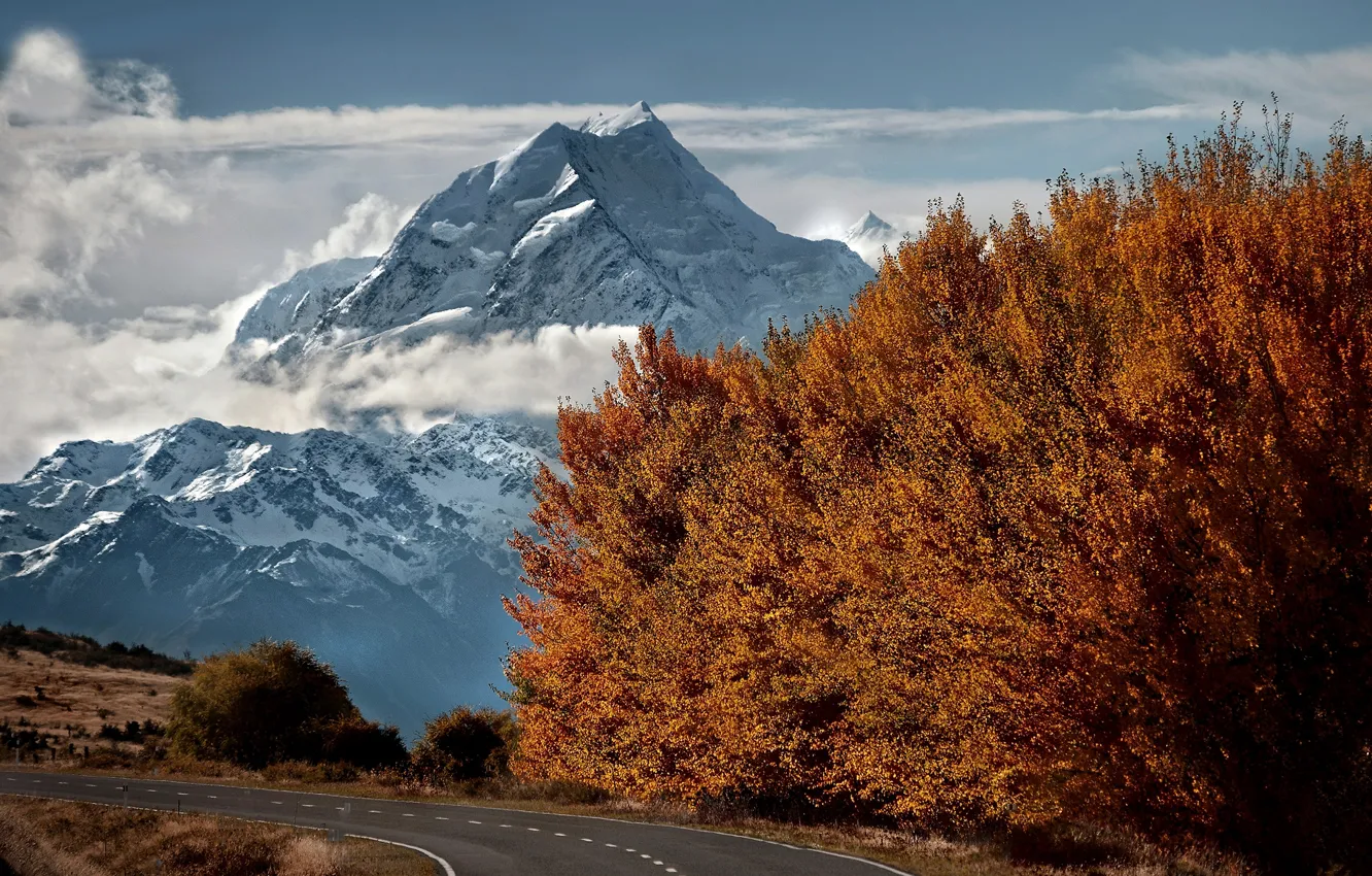 Photo wallpaper road, autumn, snow, trees, mountains, top