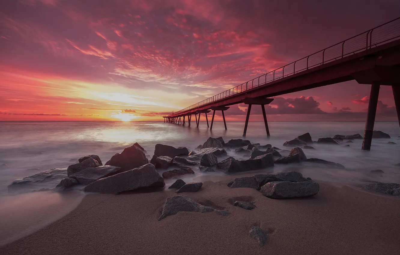 Photo wallpaper sea, sunset, bridge, Spain, Pont Del Petroli