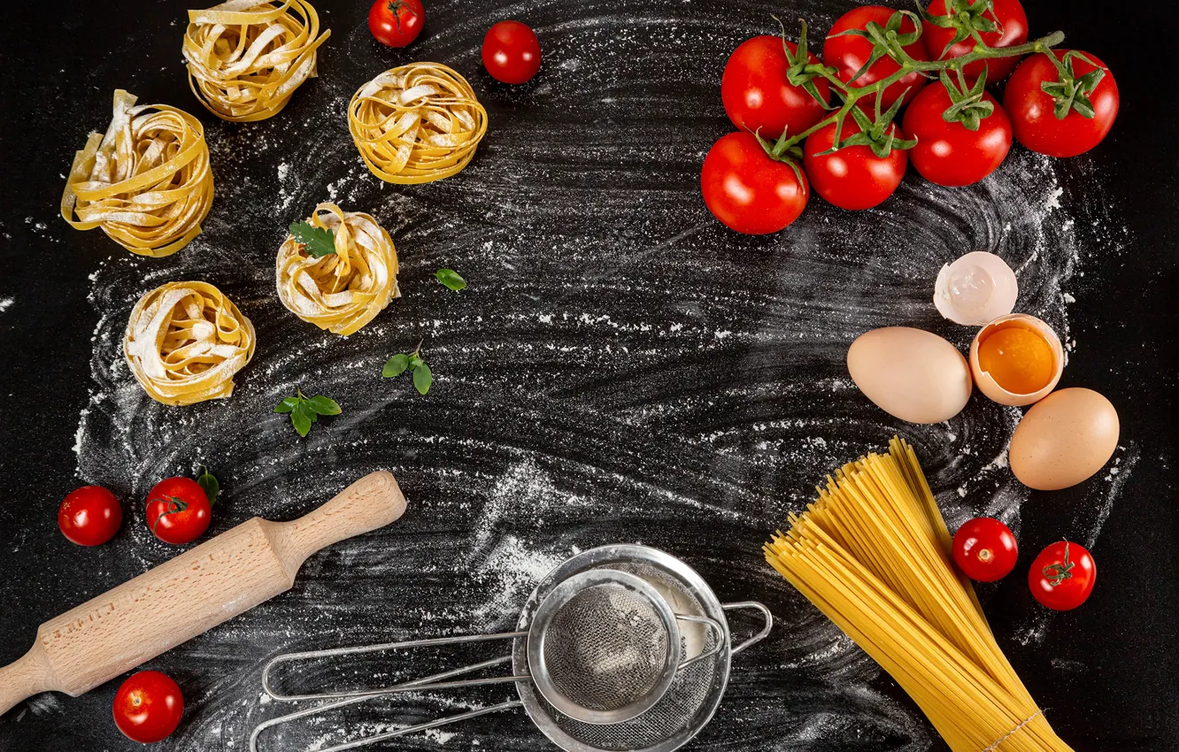 Photo wallpaper eggs, vegetables, tomatoes, pasta