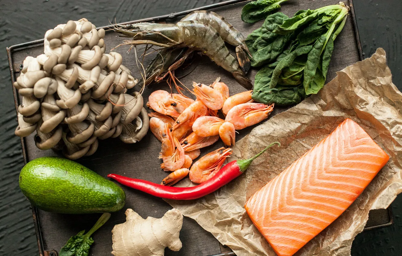 Photo wallpaper greens, mushrooms, shrimp, seafood, salmon
