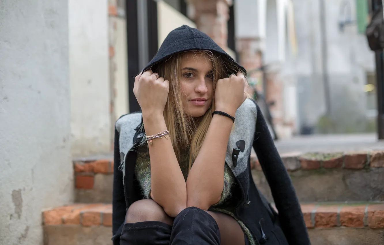 Photo wallpaper look, girl, pose, hood, bokeh, Shopie