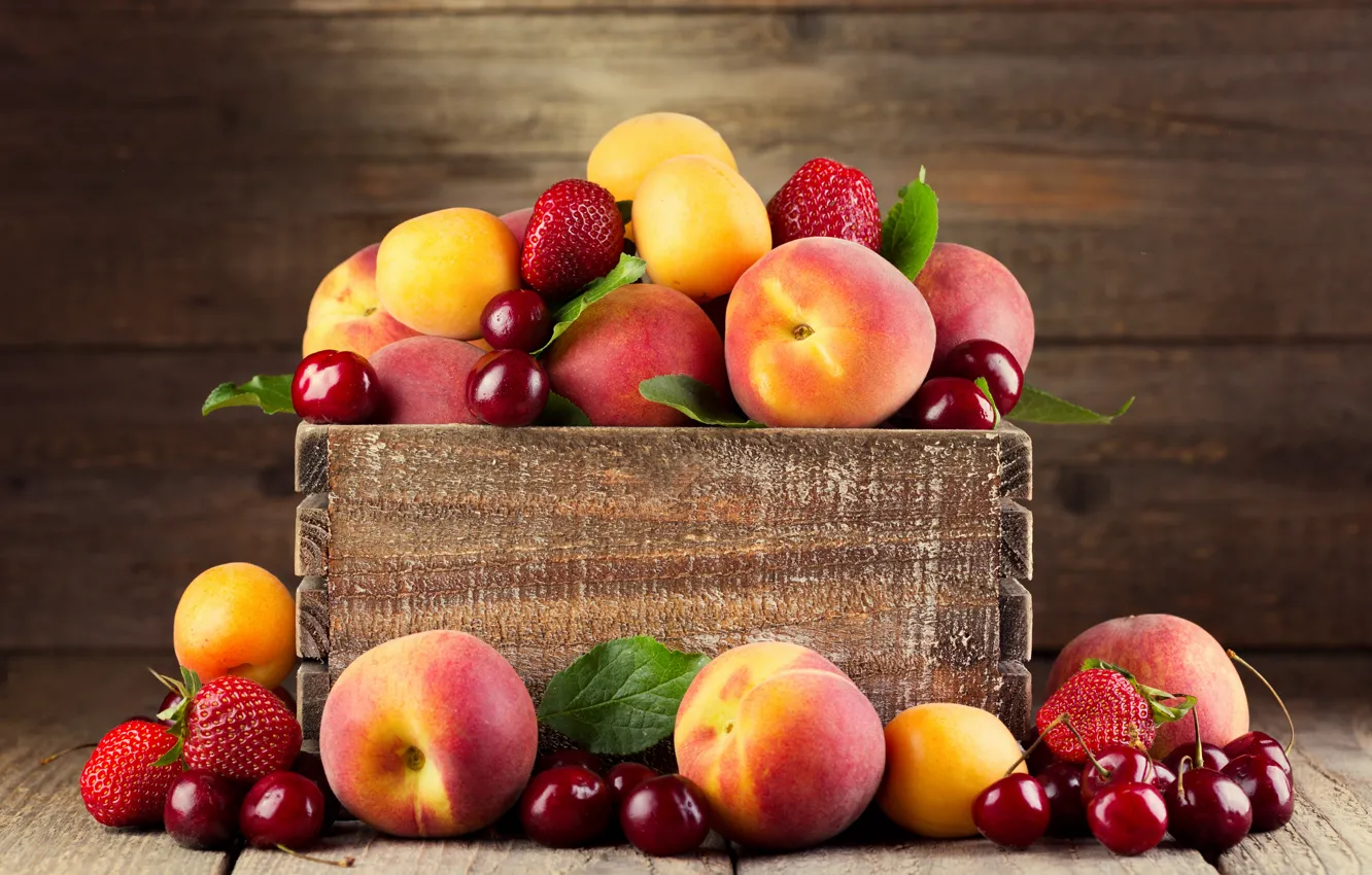 Photo wallpaper cherry, strawberry, berry, fruit, box, peaches, apricots