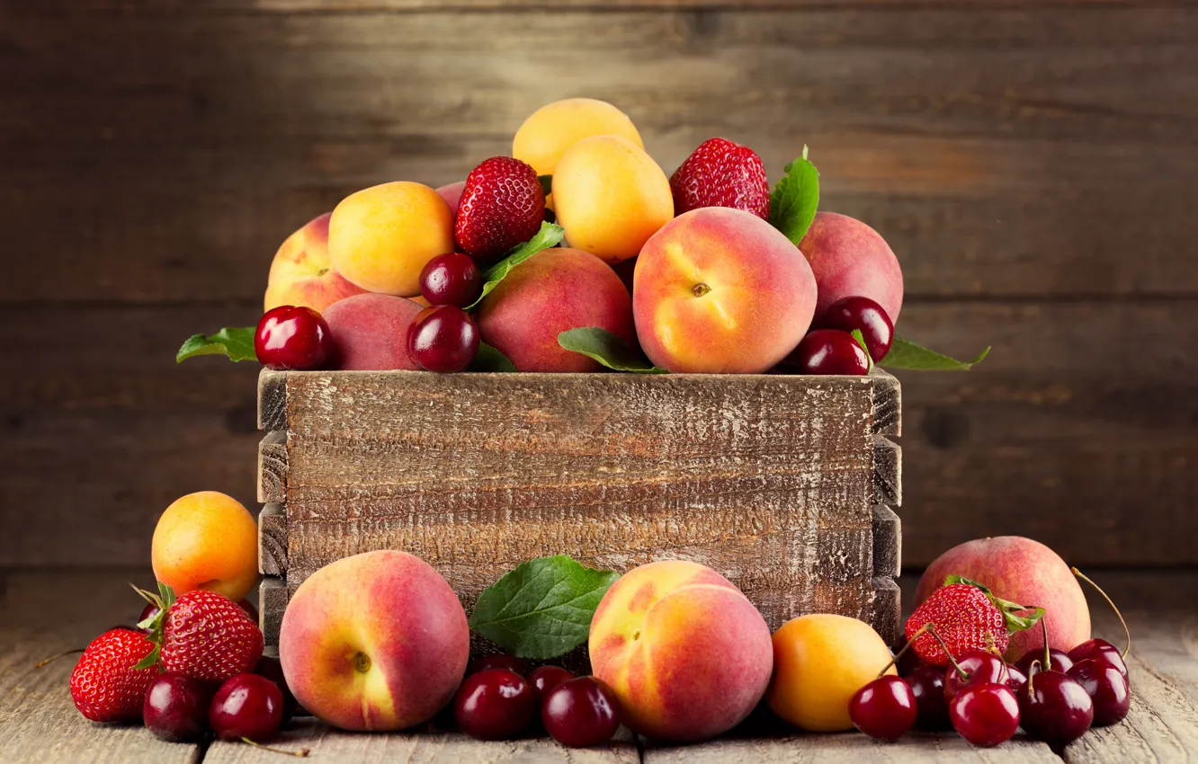 Photo wallpaper cherry, berries, strawberry, fruit, box, peaches, apricots