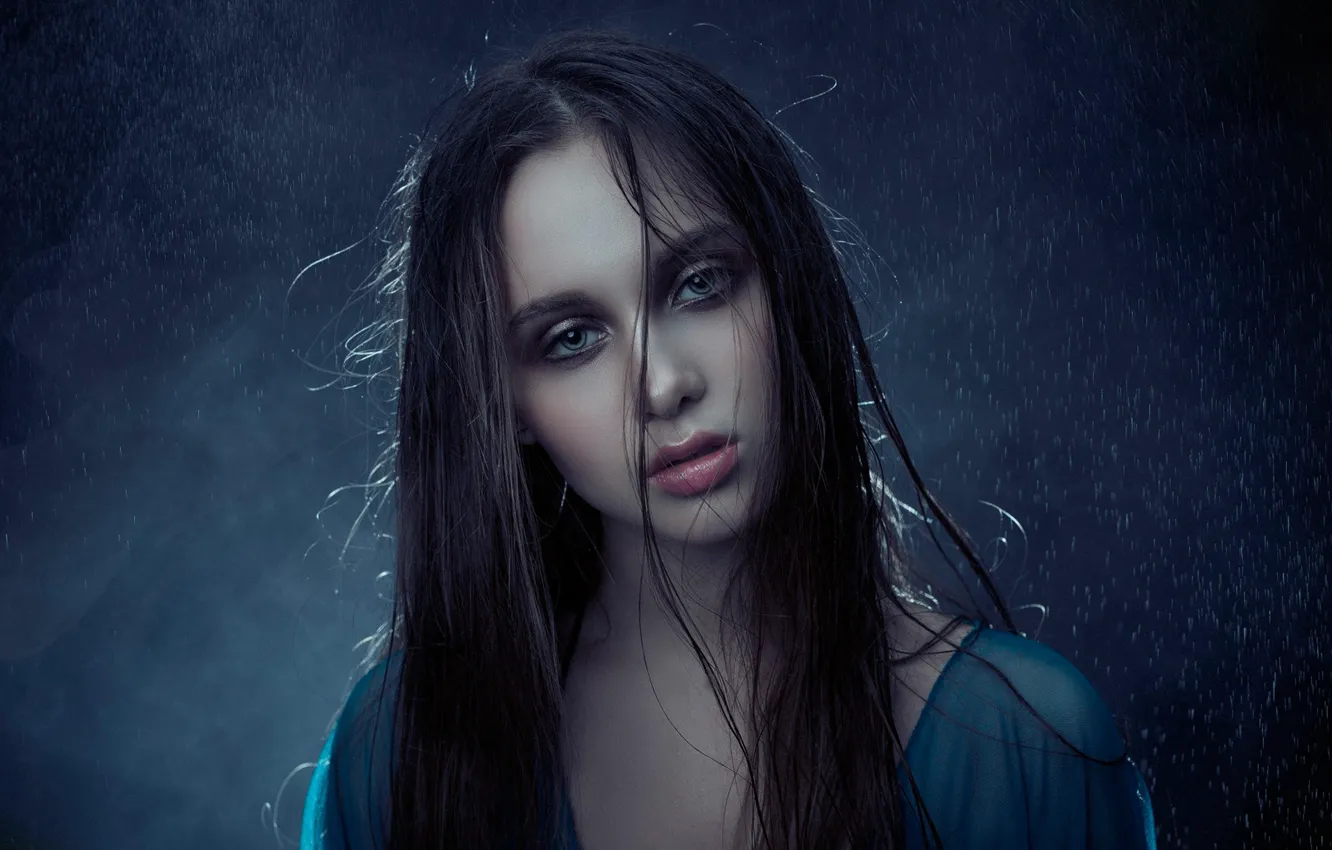 Photo wallpaper look, face, rain, portrait, long hair, Nastya, Yuri Egoroff