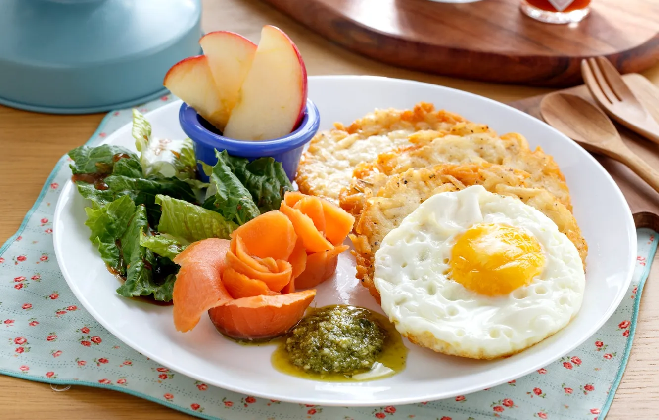 Photo wallpaper egg, Apple, Breakfast, sauce, salad, salmon