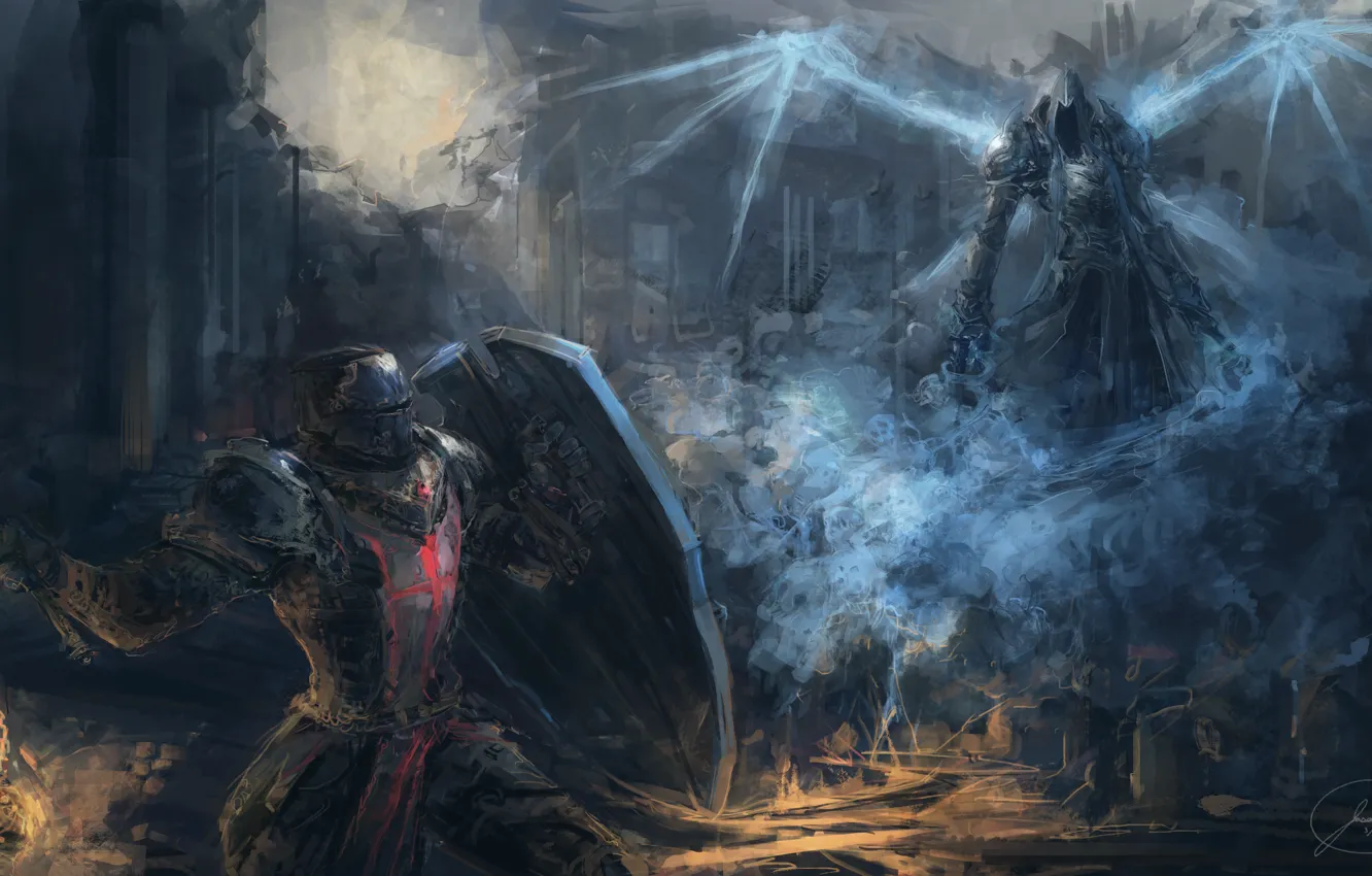 Photo wallpaper weapons, fiction, wings, armor, the demon, warrior, art, hood